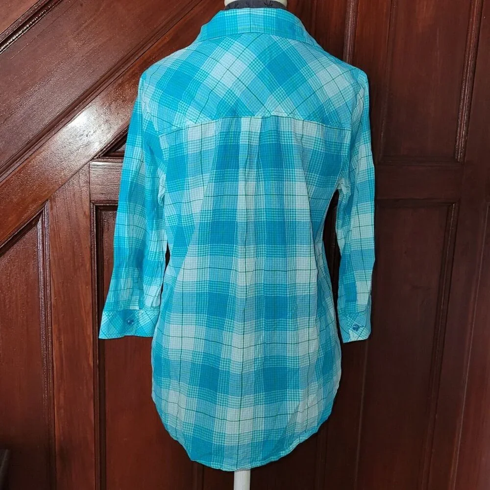 Christopher & Banks Blue Plaid Shirt 3/4 Sleeve Women's Size Medium - Picture 2 of 4